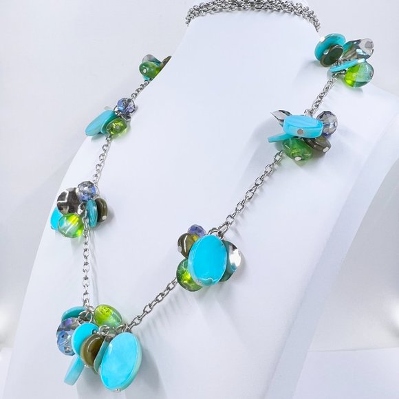 NWT - Lane Bryant - Turquoise & Green Dyed Shell Silver Tone 36” Necklace - Picture 3 of 8
